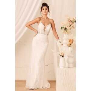 Lulus Wonderstruck White Glitter Lace-up Embroidered Lace Maxi Dress - Size 6